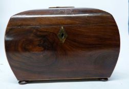 19th century mahogany tea caddy of lobed shape with stringing, 20cm long