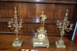 Late 19th/early 20th century French three piece clock garniture, comprising a green alabaster