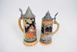 Pair of German Pottery Mettlach style steins, one entitled 'Elbbrucke', the other a musical jug
