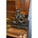 19th century mantel clock with bronzed spelter figural mount of a lady and attendant dog, raised