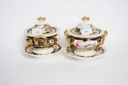 Pair of dessert tureens and covers, probably Coalport, both with blue and gilt decoration