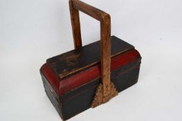 Painted Oriental box and cover, rectangular shape, with wooden handle, 36cm long