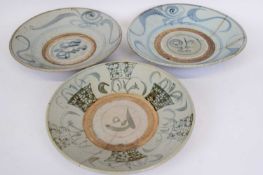 Three Oriental dishes, possibly Vietnamese, with a blue design to border and centre, 27cm diam (3)