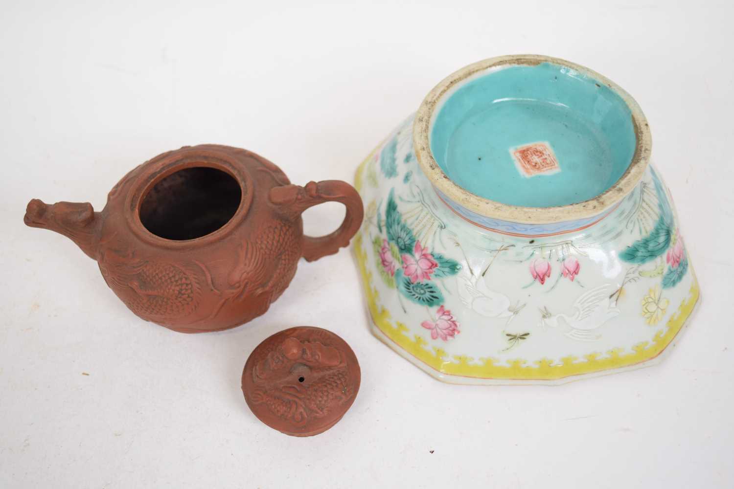 Yixing type tea pot together with a shaped Chinese porcelain bowl with a polychrome design of - Image 2 of 2