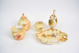 Group of Royal Worcester blush ground wares including two pots, vase and cover, moulded cabbage leaf