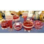 Quantity of cranberry glass, pair of vases, various jars and covers, beaker with Mary Gregory