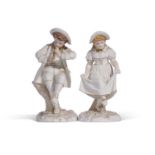 Pair Worcester Hadley figures of a boy piper and a girl dancer, 25cm tall (2)