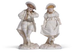 Pair Worcester Hadley figures of a boy piper and a girl dancer, 25cm tall (2)
