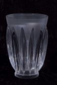 A heavy Lalique moulded clear and frosted glass vase with a striped design engraved mark to base21cm