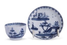 A Lowestoft porcelain toy or minaiture teabowl and saucer c.1765 painted in blue with a pagoda and