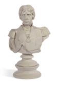 Ceramic bust of head and shoulders of Nelson on a circular foot the rear signed Fredricks, 38cm