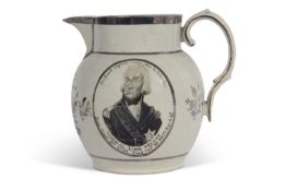 An early 19th century Pearlware jug with lustre finish decorated with Nelson and the line up of