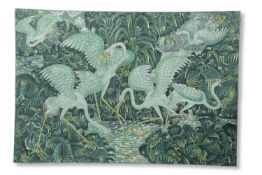 Mixed media on fabric picture of pelicans by a pool amongst green foliage, indistinctly signed lower