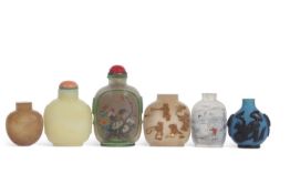 Quantity of snuff bottles, glass and porcelain examples, all with typical painted designs