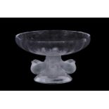 A Lalique Nogent clear and frosted glass bowl on pedestal base supported by four birds above a