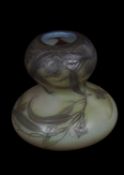 A Galle double gourd vase with etched floral decoration in Art Nouveau style on a green ground.