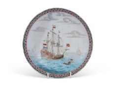 A rare early 18th century Chinese porcelain dish Dutch decorated with a warship amongst other