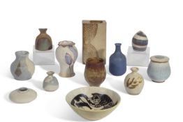 Group of studio pottery wares including vases by Peter Lane, a St Ives pottery vase a Moorcroft