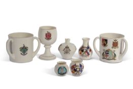 Qty of Goss wares including a Tyg with the arms of Ilfracombe, a Chalice with the arms of