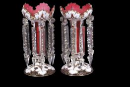 Pair of cranberry table lustres with white overlay in Bohemian style and prismatic droplets, 24cm