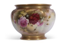 Large Royal Worcester Jardinare of lobed form decorated with roses and signed by J Llewllyn, 22cm