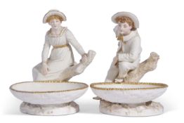 Pair of Royal Worcester figural comports decorated with a boy and a girl in Hadley style mounted