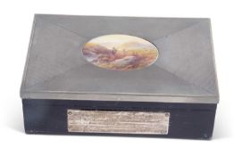 Black painted box with silver and metal top in Art Deco style enclosing a small porcelain painted