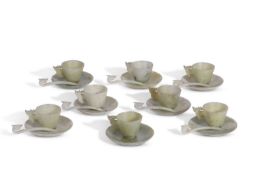 Chinese spinach green jadeite coffee set with matching teaspoons with Ruyi type handles (qty)