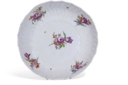 Large porcelain dish with Osier border decorated with flowers in Meissen style, indistinct blue