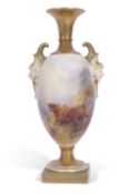 Royal Worcester Baluster vase with figural handles decorated with cattle in a Highland scene