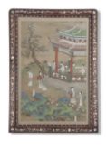 Oriental picture on silk of figures in a garden in a wooden frame inlaid with mother of pearl, the