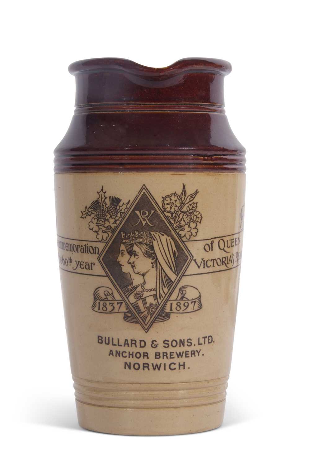 Unusual Lambeth Doulton pub jug commemorating Queen Victoria's Jubilee made for Bullard & Sons,