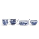 A group of Lowestoft porcelain all with blue and white designs comprising a butter tub with zig