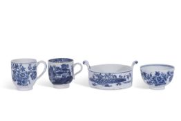 A group of Lowestoft porcelain all with blue and white designs comprising a butter tub with zig