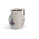 An early 19th century Pearlware jug decorated in puce with a portrait of Nelson with line up of