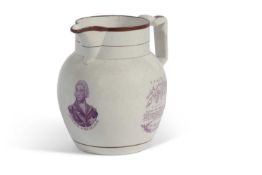 An early 19th century Pearlware jug decorated in puce with a portrait of Nelson with line up of