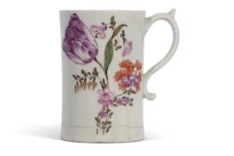 A large Lowestoft porcelain mug or tankard decorated by the Tulip painter in typical fashion.crack