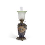 Doulton oil Lamp decorated with panels of birds by Florence Barlow within blue geometric boarders