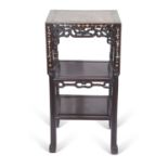 Antique Chinese hardwood and mother of pearl inlaid side table, top with marble panel over two