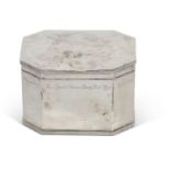 George VI rectangular biscuit box of elongated hexagonal form with hinged lid, presentation