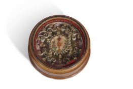 WWI reliquary in the form of a boxwood circular box with screw on lid (crack to lid) opening to