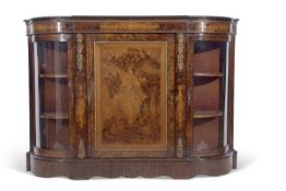 Victorian burr walnut veneered credenza of typical form with panelled centre door and two bowed side
