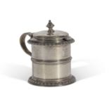 Heavy quality Victorian drum mustard, the hinged lid with urn finial above a gadrooned rim, raised