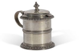 Heavy quality Victorian drum mustard, the hinged lid with urn finial above a gadrooned rim, raised