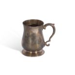 George II half pint tankard of typical plain baluster form with double 'C' scrolled handle and