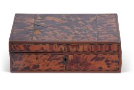 19th century tortoiseshell mounted box of hinged rectangular form with sub-divided fitted