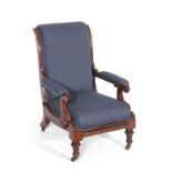 Victorian mahogany framed adjustable library chair upholstered in turquoise fabric raised on short