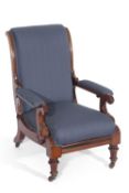 Victorian mahogany framed adjustable library chair upholstered in turquoise fabric raised on short