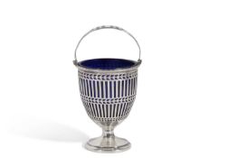 George III style sugar basket of slot pierced tapering cylindrical form to a plain circular foot,