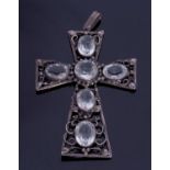 European Arts & Crafts large cross pendant, the open work cross with a scrolling leaf, bud and
